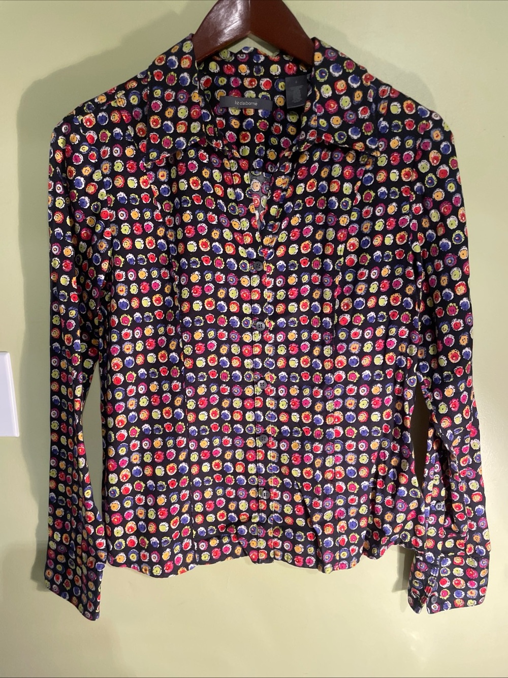 Liz Claiborne Black Multicolor Circular Floral Print Blouse